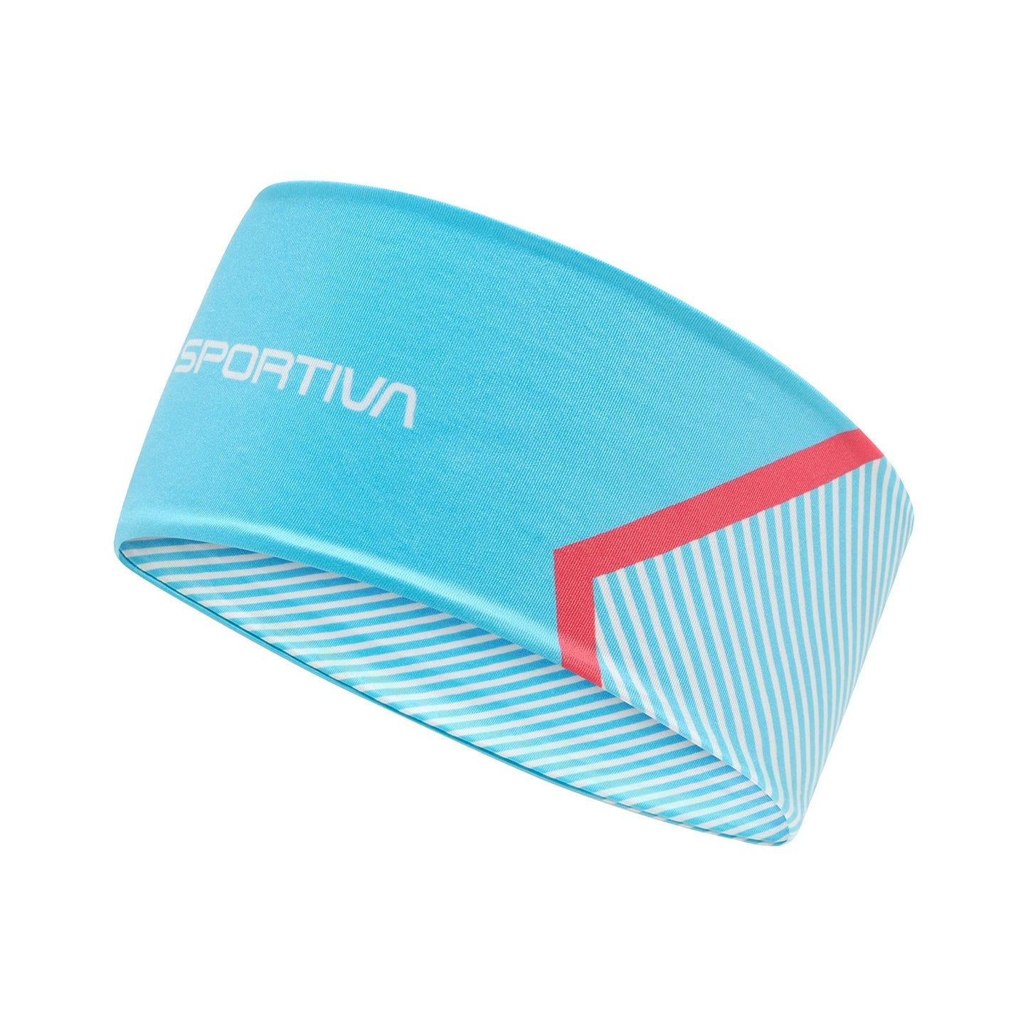 The La Sportiva Flow Headband features light blue fabric, white SPORTIVA text, a red diagonal stripe, and an inner pattern of blue and white diagonal lines—ideal for mountain or trail running.