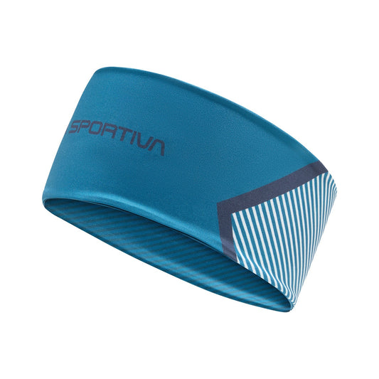 The La Sportiva Flow Headband in blue features a diagonal pattern of thin white and blue stripes and the Sportiva logo—perfect for mountain running or trail runs. Displayed against a white background.