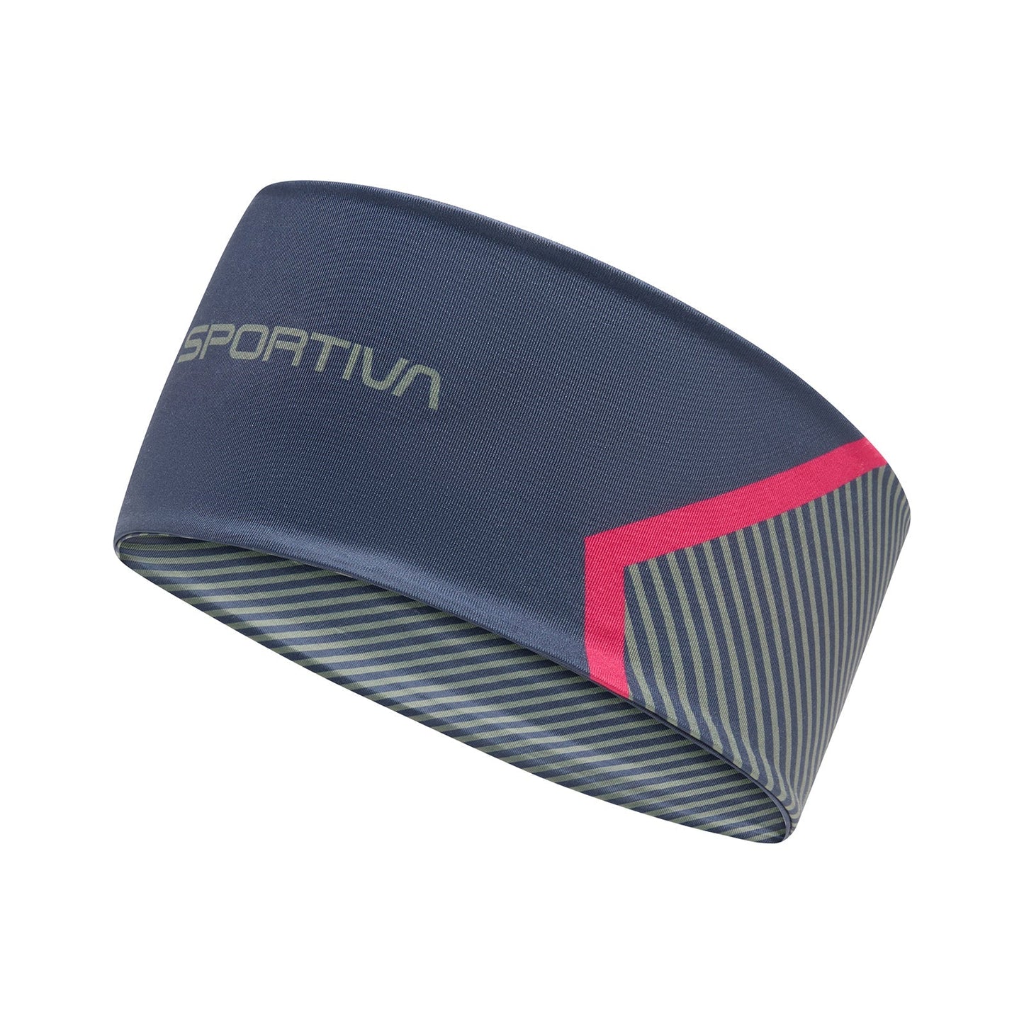 La Sportiva's Flow Headband in navy blue features "SPORTIVA" in light gray, a pink diagonal stripe, gray striped design, and alternating dark/light gray stripes inside—ideal for trail or mountain running.
