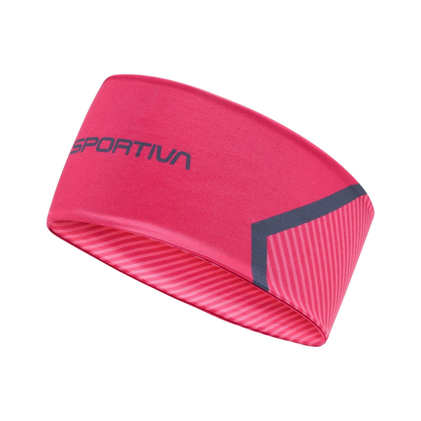A pink La Sportiva Flow Headband with "SPORTIVA" in gray and dark gray/pink diagonal stripes, ideal for mountain or trail running, shown on a white background.