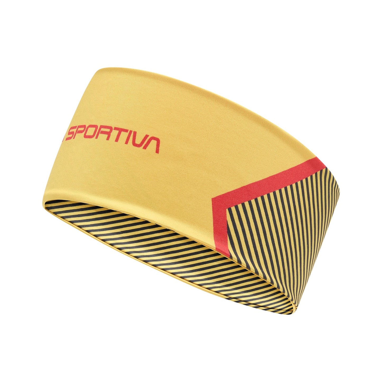 The La Sportiva Flow Headband is yellow with red SPORTIVA text, black and yellow geometric stripes, and a red accent—ideal for trail or mountain running.