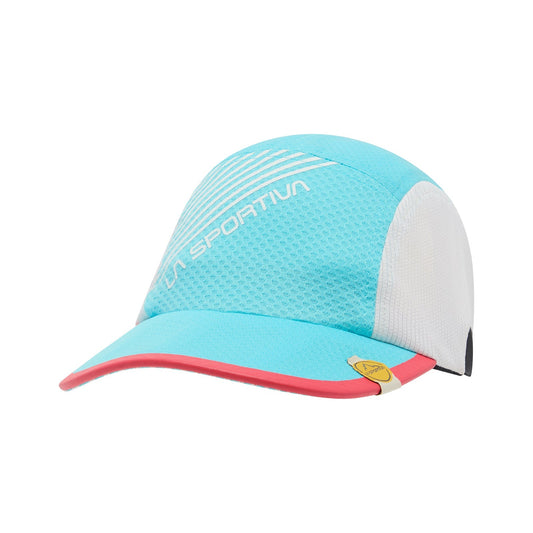 The La Sportiva Flow Cap features turquoise and white colors, a red-trimmed brim, small yellow logo, mesh-like texture, sporty design, and quick-drying fabric for excellent sweat management.