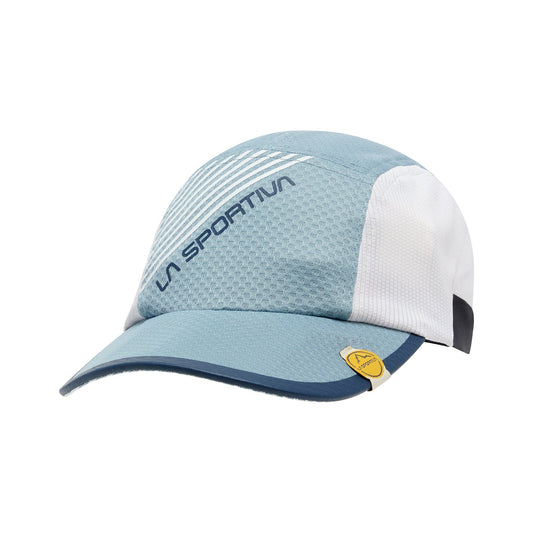 The La Sportiva Flow Cap features quick-drying fabric for top sweat management, a light blue and white design, the La Sportiva logo on front, angled stripes on top, and a small yellow badge on the brim.