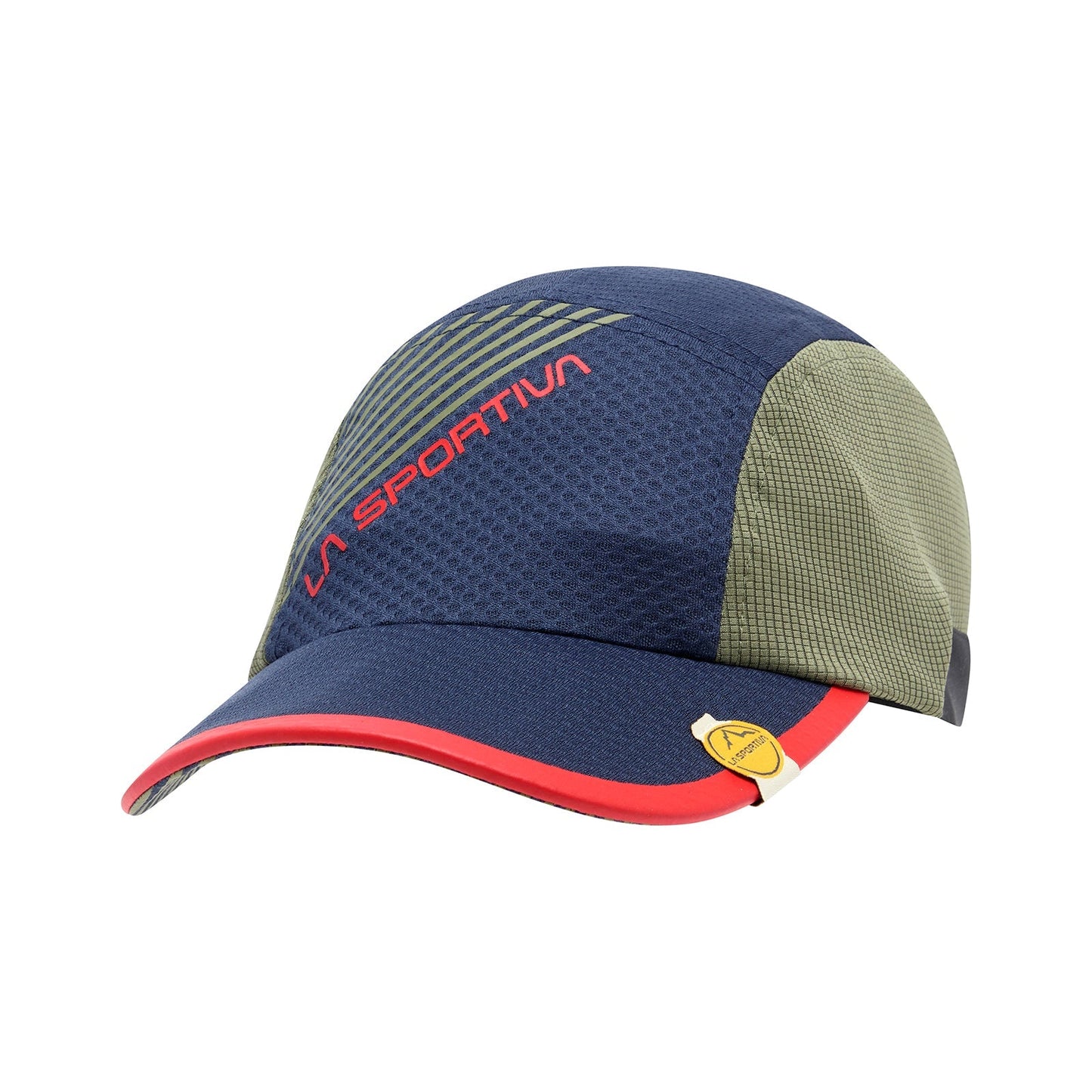 The La Sportiva Flow Cap features blue and olive green panels, a red La Sportiva logo, red brim accents, a yellow side tag, and quick-drying fabric for excellent sweat management.