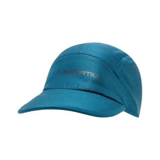 The La Sportiva Pure Cap is a lightweight, teal blue mountain running cap with a curved brim, front La Sportiva logo, and side ventilation holes for breathability.
