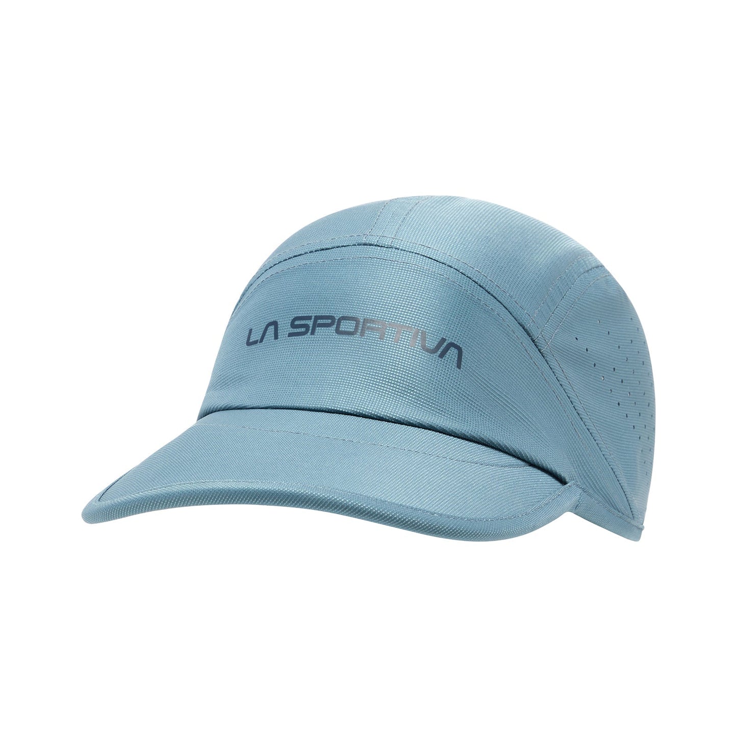 The La Sportiva Pure Cap is a light blue mountain running cap featuring a curved brim, side ventilation holes, and the brand logo printed on the front.