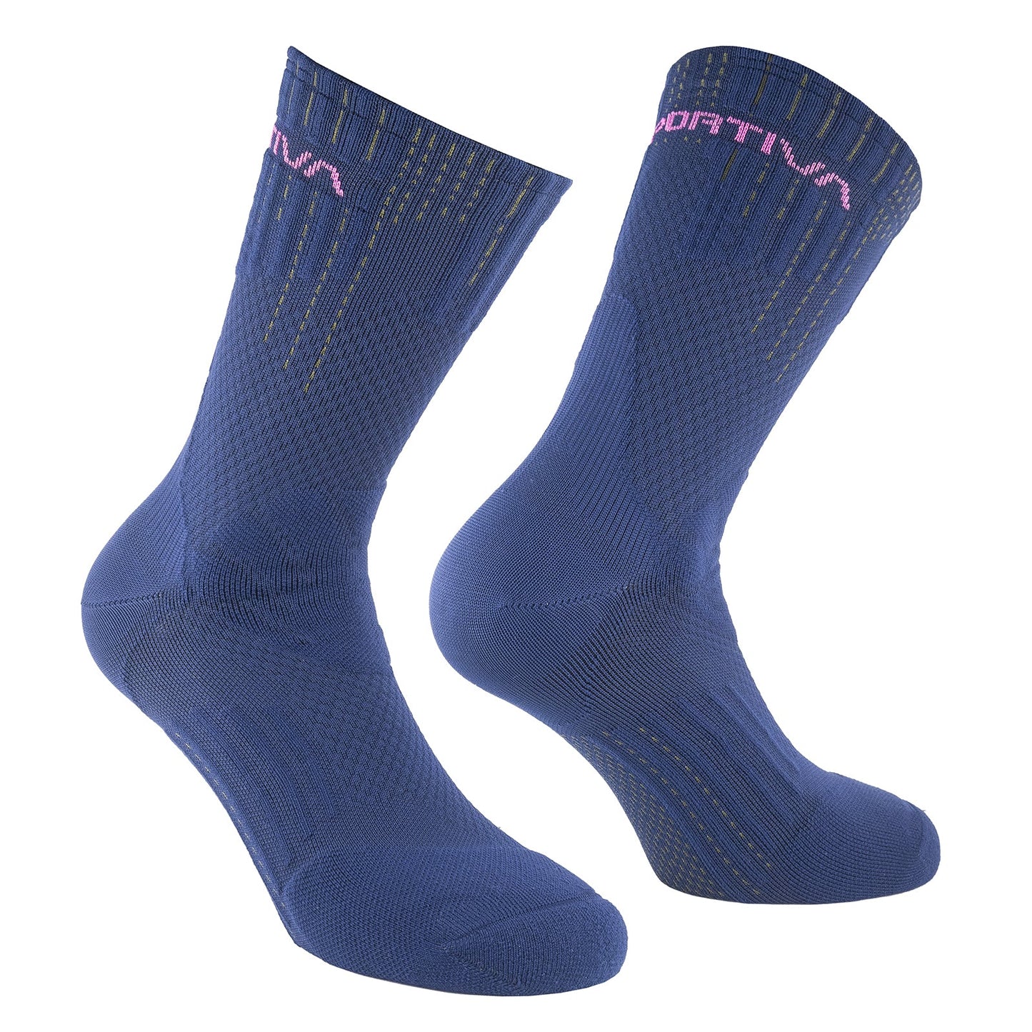 The La Sportiva Endurance Trail Socks are blue athletic socks with textured patterns and pink cuff text, designed for comfort and support, shown against a white background.