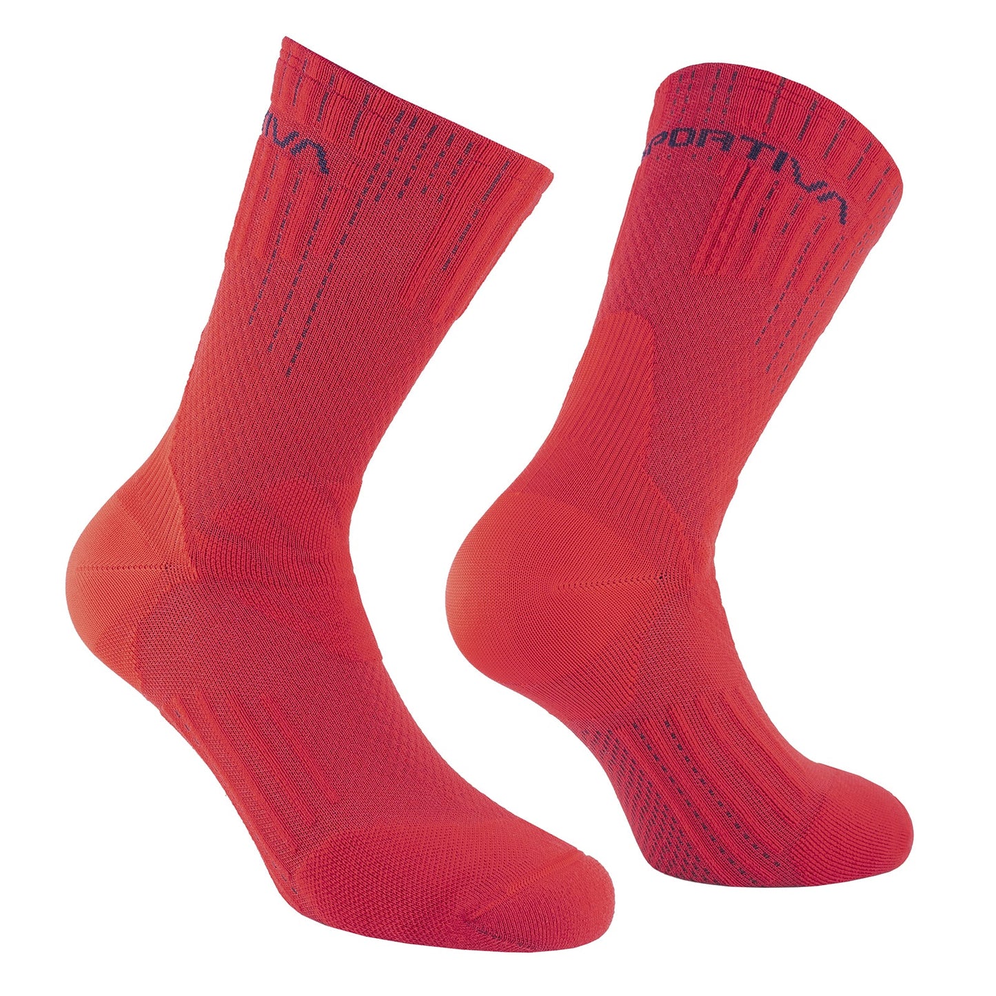 La Sportiva Endurance Trail Socks, in bright red with textured patterns, provide comfort and support on rugged trails. "SPORTIVA" appears in blue at the top. Pictured side by side, both the side and back views are shown.