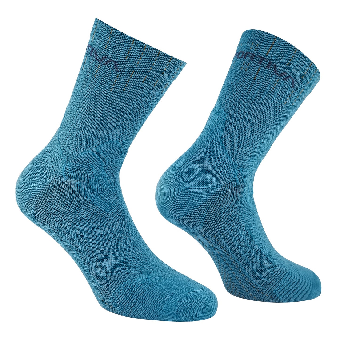 La Sportiva Swift Trail Socks are blue athletic socks with textured fabric and reinforced zones for trail durability, ideal for speed and agility, shown against a white background.