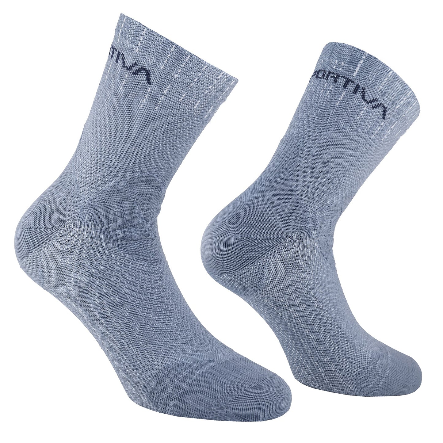 The Swift Trail Socks by La Sportiva are light blue, textured athletic socks made for trail durability, featuring the brand name in dark letters near the top and shown on an invisible foot model against a white background.