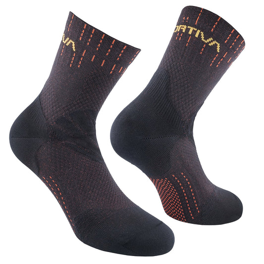 La Sportiva Swift Trail Socks: black crew-length athletic socks with subtle red and orange accents and yellow text near the top, engineered for trail durability, speed, and agility. Displayed on a white background.