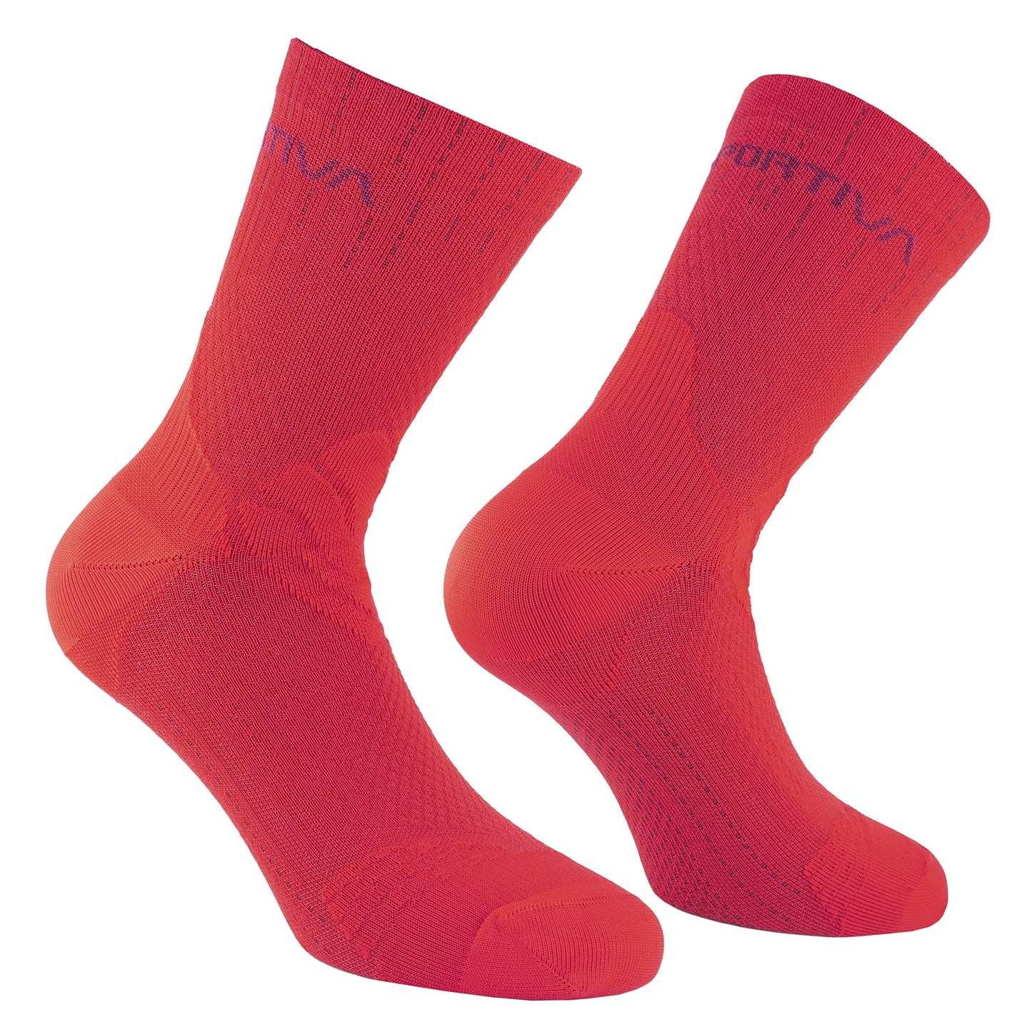 La Sportiva Swift Trail Socks are bright red crew-length socks with a textured pattern, made for trail durability and feature "SPORTIVA" in dark letters near the top. Both front and side views are shown.