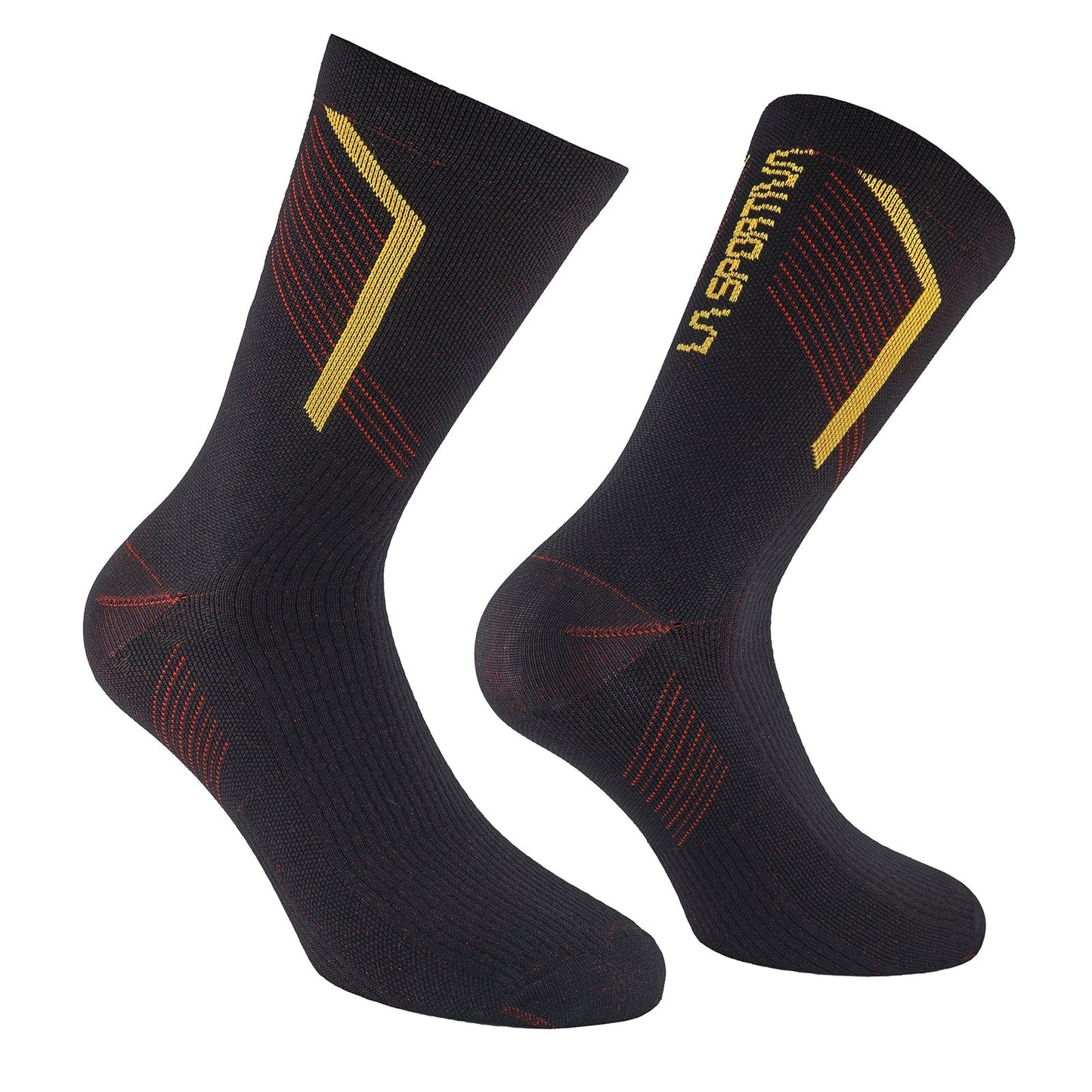 A pair of black Flow Trail Socks by La Sportiva, crew-length with red and yellow accents, quick-drying fabric, and "La Sportiva" in yellow on the side.