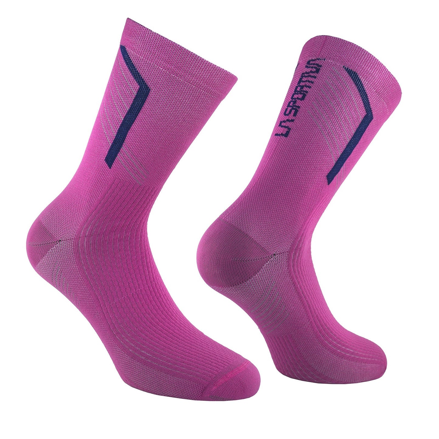 A pair of Flow Trail Socks by La Sportiva in bright pink with black geometric lines and the brand name on the side. Made for mountain running, these quick-drying socks are shown against a white background.