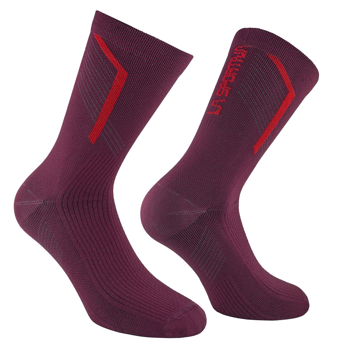 A pair of La Sportiva Flow Trail Socks in maroon with red and gray accents—one features a red side stripe, the other reveals top red text and a matching stripe. Ideal for mountain running with quick-drying comfort.