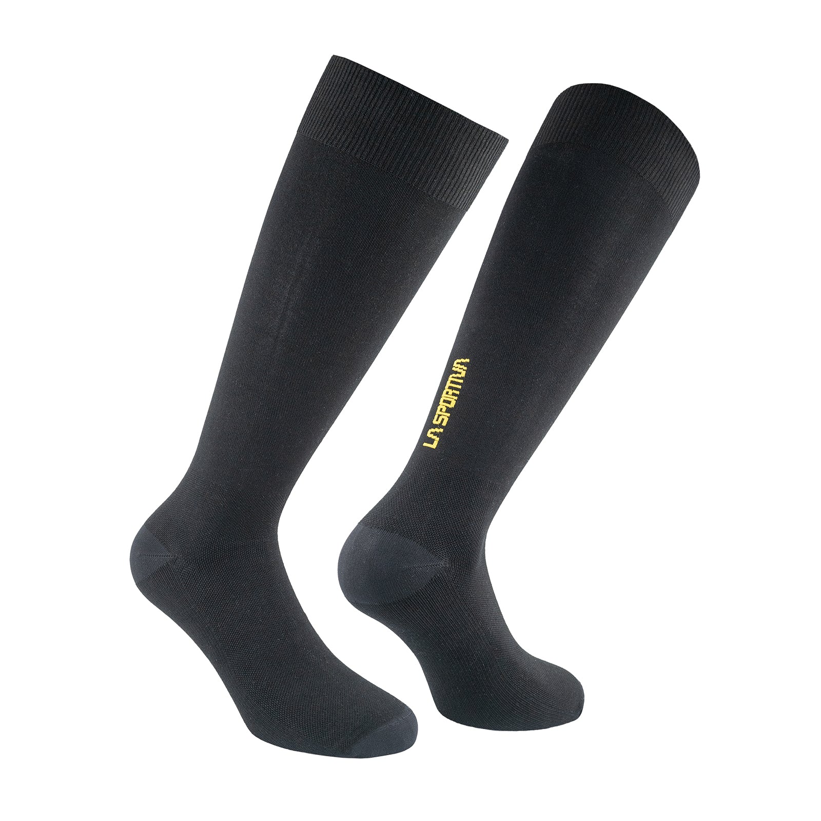 A pair of black Silk Ultralight Socks by La Sportiva, featuring a yellow logo on the side, displayed against a white background.