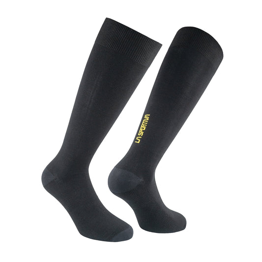 A pair of black Silk Ultralight Socks by La Sportiva, featuring a yellow logo on the side, displayed against a white background.