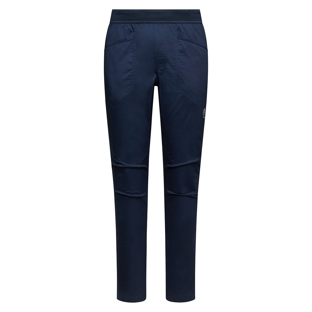The La Sportiva Roots Pants Men's (2025) in navy blue feature a minimalist design with an elastic waistband, two front pockets, and subtle seam details, shown on a white background.