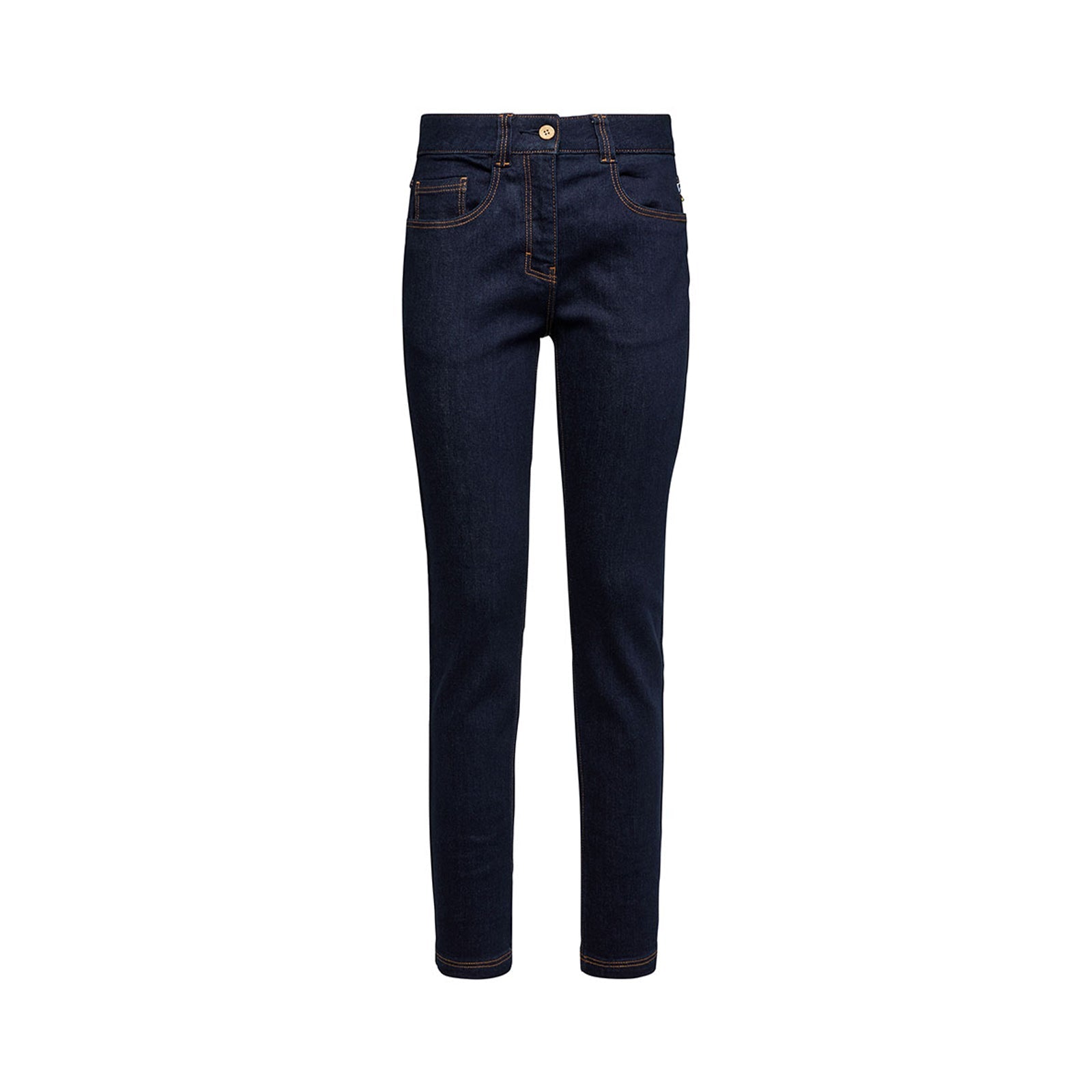 The La Sportiva Eldo Jeans 2.0 Women's are dark blue, slim-fit stretchy jeans with orange stitching, a button closure, and five pockets, shown against a white background.
