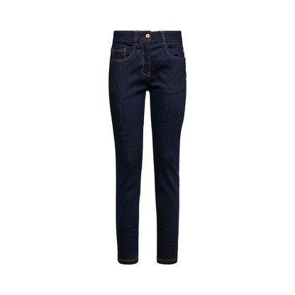 The La Sportiva Eldo Jeans 2.0 Women's are dark blue, slim-fit stretchy jeans with orange stitching, a button closure, and five pockets, shown against a white background.