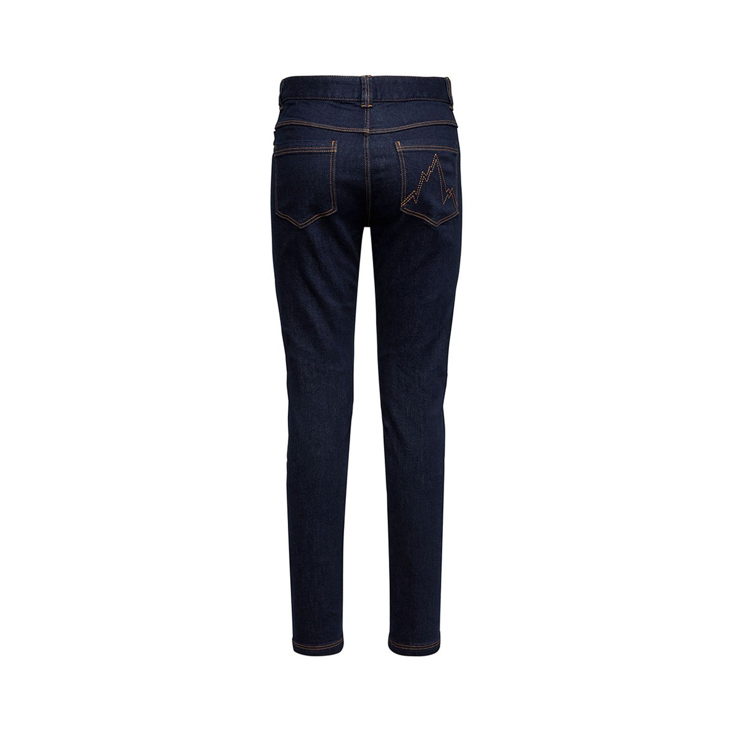 The La Sportiva Eldo Jeans 2.0 Women's in dark blue, shown from the back against a white background, feature orange stitching and a small embroidered design on the right pocket.