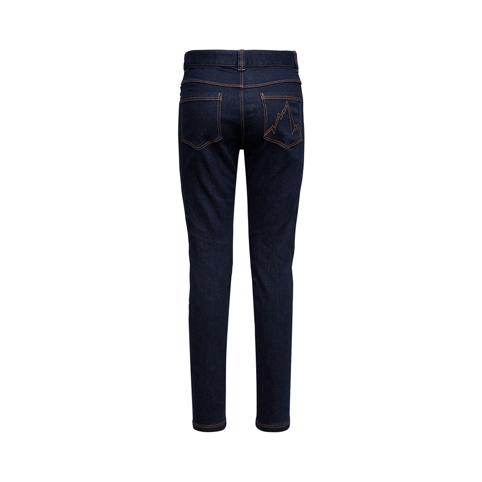 The La Sportiva Eldo Jeans 2.0 Women's in dark blue, shown from the back against a white background, feature orange stitching and a small embroidered design on the right pocket.