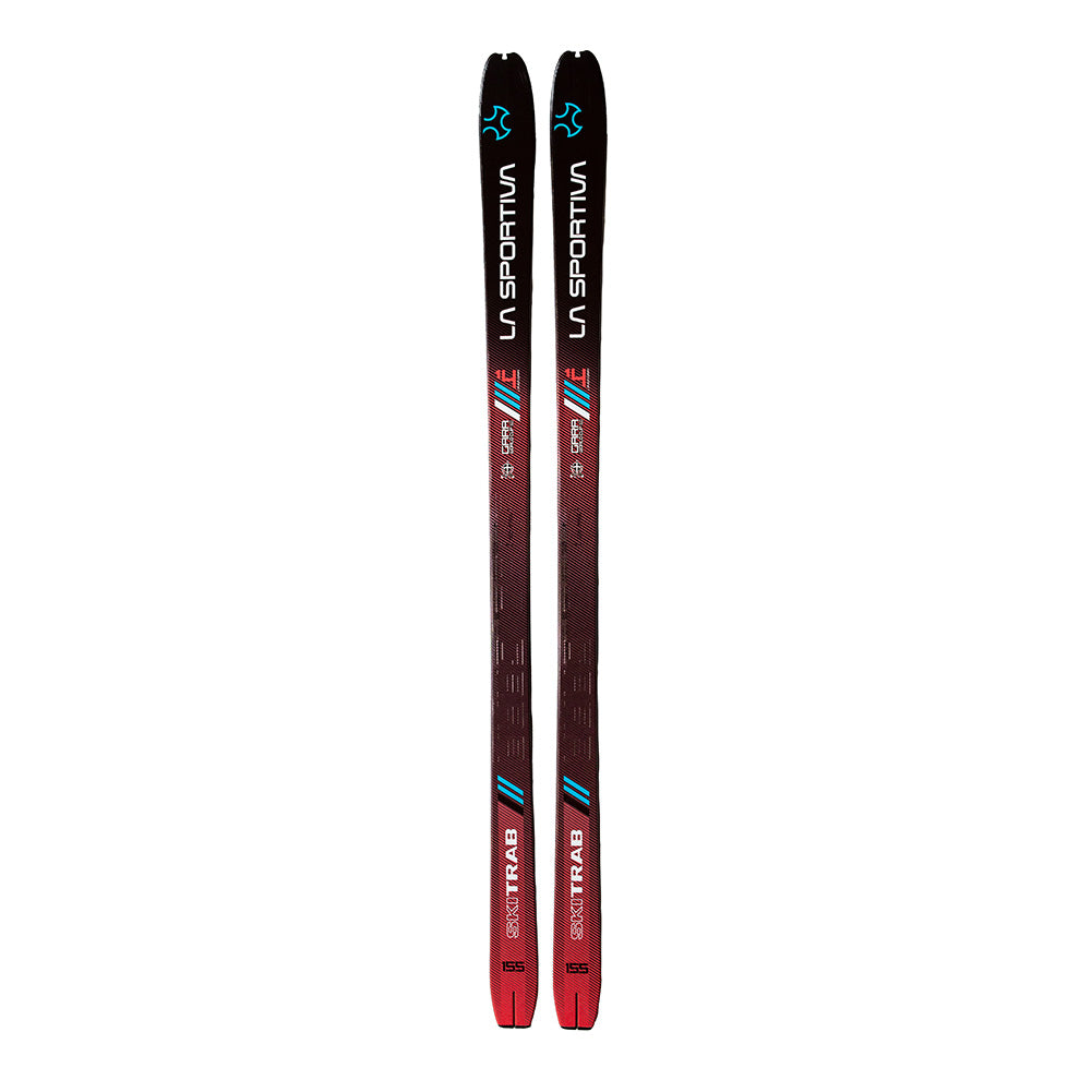 A pair of La Sportiva Gara Aero LS Women's race skis in red and black with blue and white accents stand upright side by side against a white background—designed for lightweight competitions and excellent uphill performance.