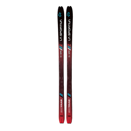 A pair of La Sportiva Gara Aero LS Women's race skis in red and black with blue and white accents stand upright side by side against a white background—designed for lightweight competitions and excellent uphill performance.