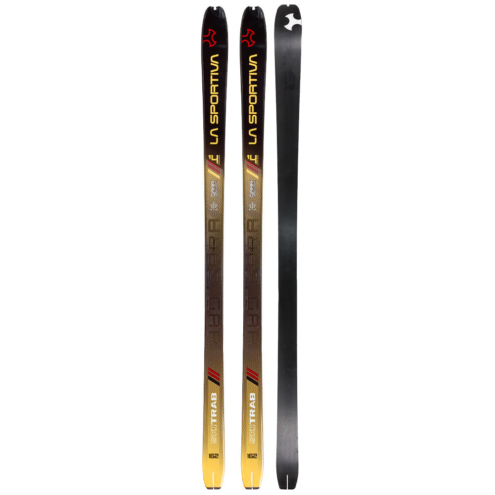 Three La Sportiva Gara Aero LS 70 race skis stand upright. Two display a black and gold ombré top with branding; the third shows a plain black base—perfect for lightweight competitions and exceptional uphill performance.