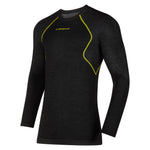 The La Sportiva Wool40 Aero Long Sleeve Men's is a black technical base layer with yellow accents and chest logo, ideal for winter aerobic activities, shown on a white background.