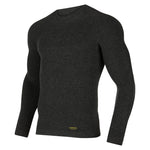 The La Sportiva Wool30 Fuse Long Sleeve is a fitted, dark gray crew neck sweater with seamless Native Technology for comfort. It features a small yellow logo near the hem and is shown on a white background.