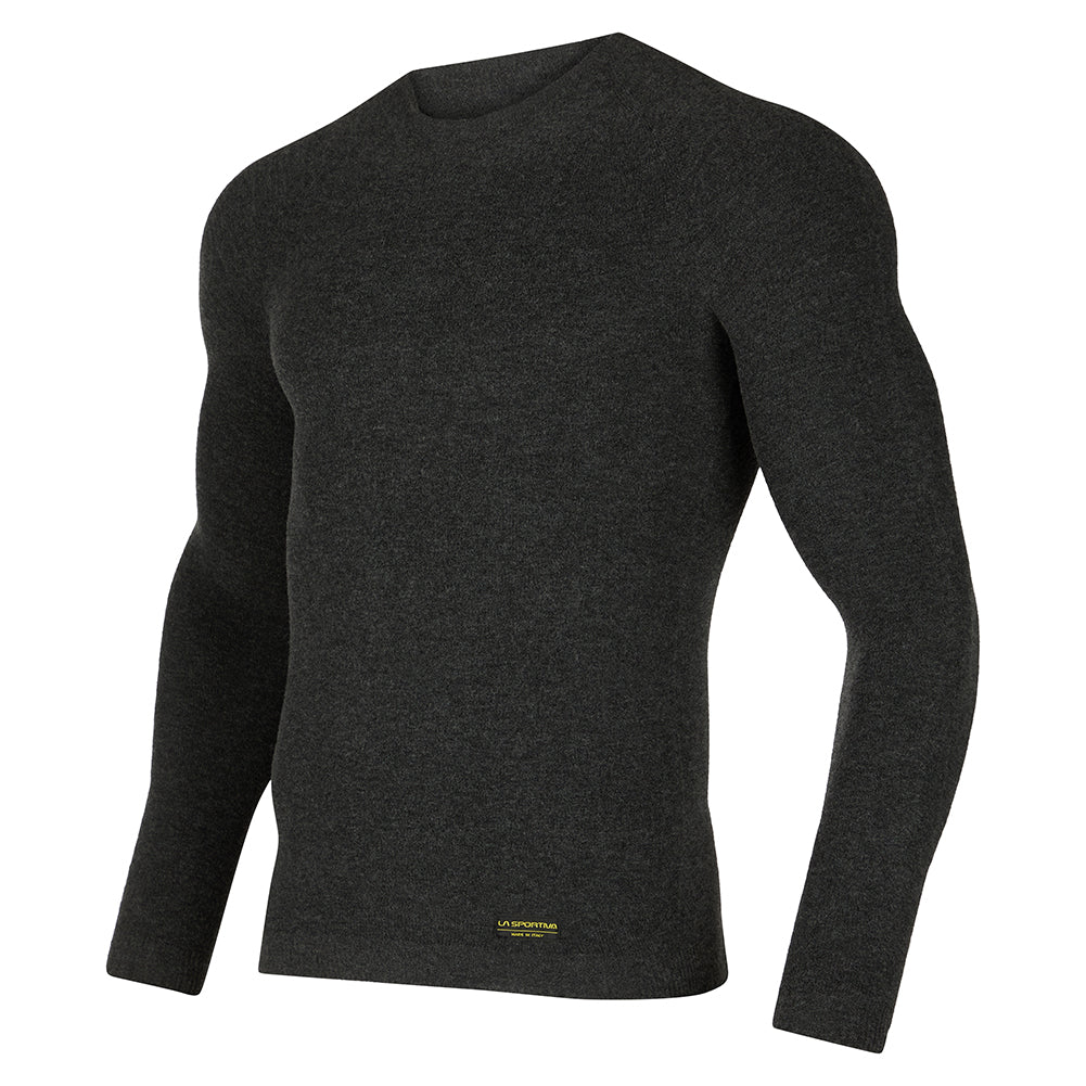 The La Sportiva Wool30 Fuse Long Sleeve is a fitted, dark gray crew neck sweater with seamless Native Technology for comfort. It features a small yellow logo near the hem and is shown on a white background.