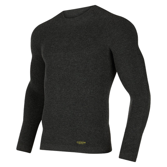 The La Sportiva Wool30 Fuse Long Sleeve is a fitted, dark gray crew neck sweater with seamless Native Technology for comfort. It features a small yellow logo near the hem and is shown on a white background.