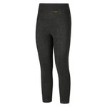 La Sportiva Wool30 Fuse Pants: dark gray, full-length, high-waisted leggings with a fitted design and seamless Native Technology for comfort. Small yellow label on waistband front center. Shown on a plain white background.