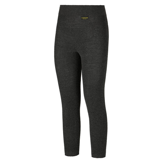 La Sportiva Wool30 Fuse Pants: dark gray, full-length, high-waisted leggings with a fitted design and seamless Native Technology for comfort. Small yellow label on waistband front center. Shown on a plain white background.