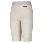 The La Sportiva Silk Reflect 3/4 Pants are light beige, high-waisted, knee-length knit shorts with anti-bacterial fabric, a subtle marled texture, and a black and yellow label by the waistband for comfort using Native Technology.