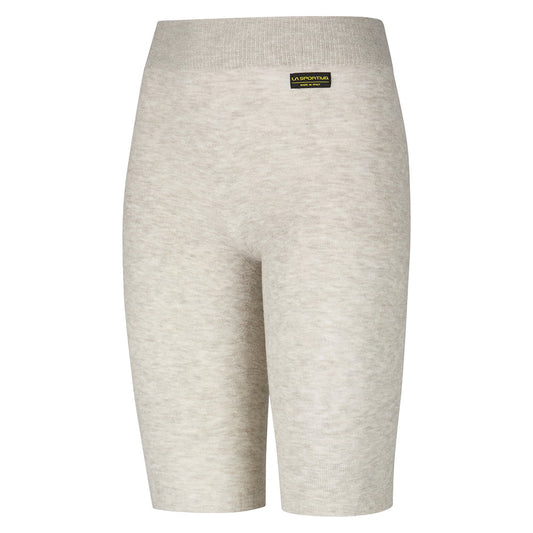 The La Sportiva Silk Reflect 3/4 Pants are light beige, high-waisted, knee-length knit shorts with anti-bacterial fabric, a subtle marled texture, and a black and yellow label by the waistband for comfort using Native Technology.
