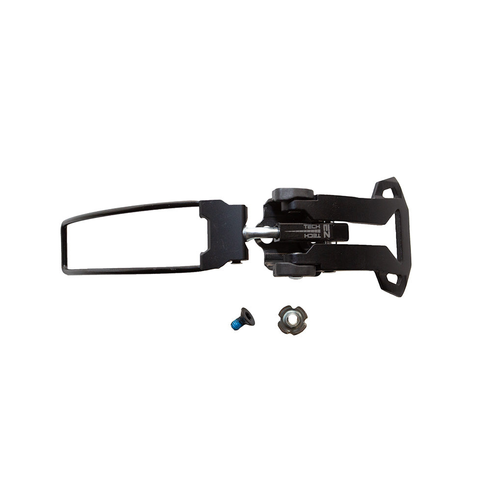 A black metal bike pedal with toe clip, screw, and nut is displayed on white, featuring a design inspired by the La Sportiva Upper Buckle Closure System (No. 2) Vanguard.