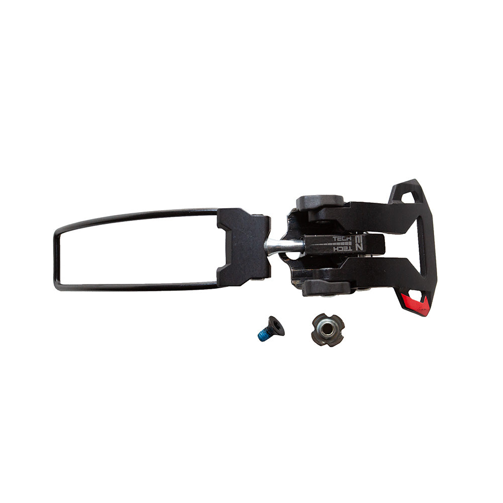 The La Sportiva Upper Buckle Closure System (No. 2) Vanguard is a black rectangular ski boot adapter with a mounting mechanism, buckle arm, and two attachment screws, compatible with Vanguard boots and shown on a white background.