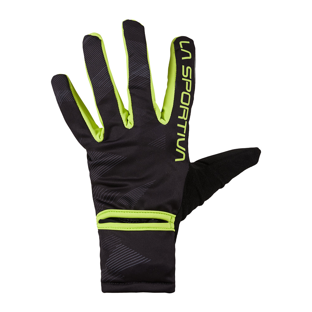 The Trail Gloves Men's by La Sportiva are black and neon yellow, breathable, windproof, water-repellent gloves with a zipper pocket on the wrist and "LA SPORTIVA" on the index finger. Shown palm facing down.