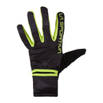 The Trail Gloves Men's by La Sportiva are black and neon yellow, breathable, windproof, water-repellent gloves with a zipper pocket on the wrist and "LA SPORTIVA" on the index finger. Shown palm facing down.