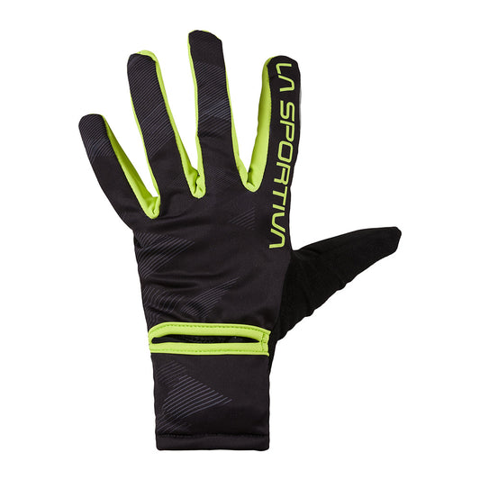 The Trail Gloves Men's by La Sportiva are black and neon yellow, breathable, windproof, water-repellent gloves with a zipper pocket on the wrist and "LA SPORTIVA" on the index finger. Shown palm facing down.
