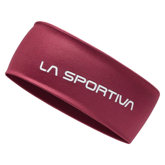 The La Sportiva Fade Headband is a maroon, lightweight accessory featuring white "LA SPORTIVA" text—ideal for training or race day. Shown on a white background.