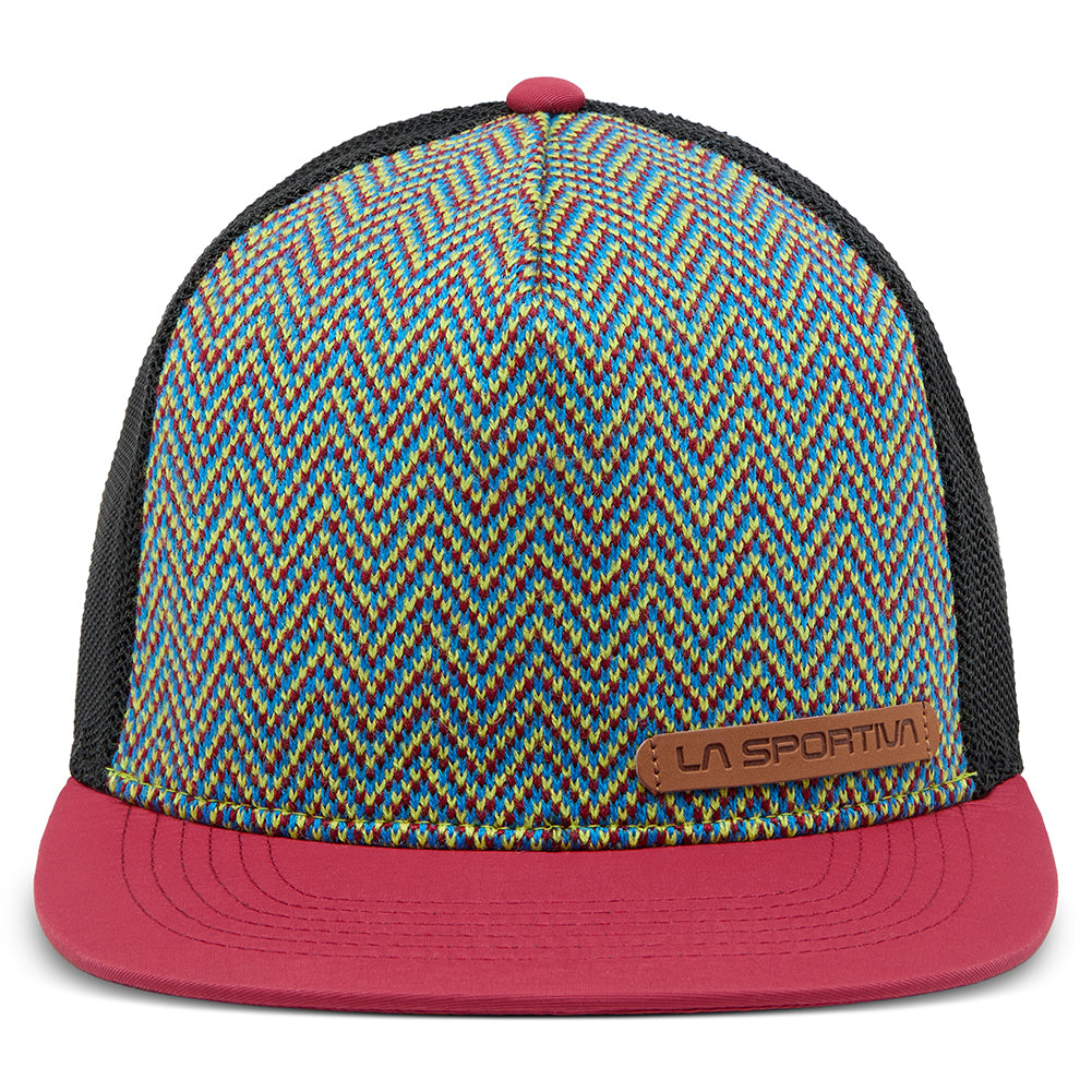 The La Sportiva Moose Trucker Hat features a knitted multicolored zigzag front, red brim, black mesh sides, and a brown La Sportiva tag—perfect for adding color to your outfit.
