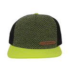 Front view of the La Sportiva Moose Trucker Hat, featuring a green and black pattern, mesh snapback, solid green brim, and a brown logo patch—perfect for adding color and style to your look.