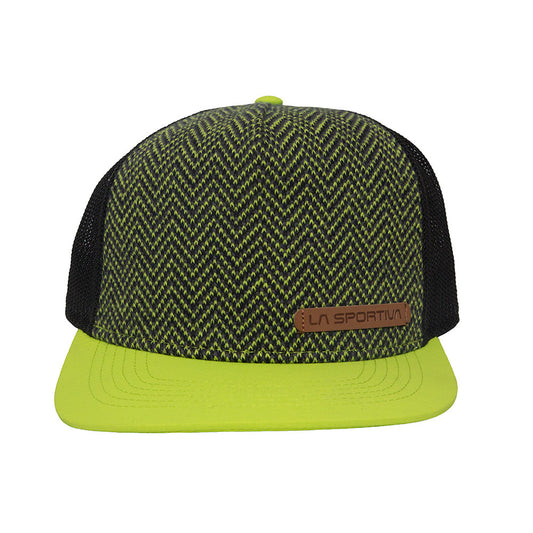 Front view of the La Sportiva Moose Trucker Hat, featuring a green and black pattern, mesh snapback, solid green brim, and a brown logo patch—perfect for adding color and style to your look.