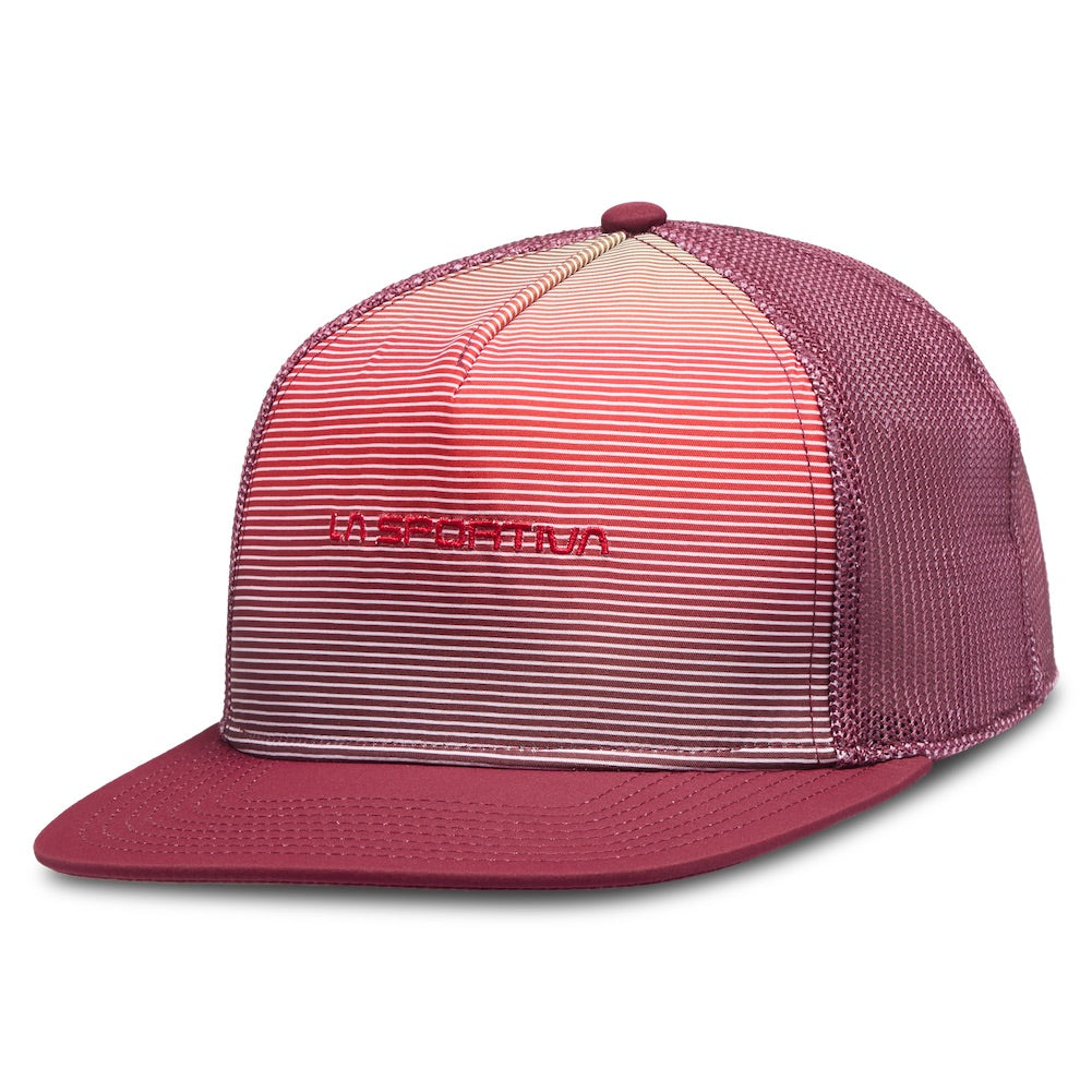 The La Sportiva Fade Trucker is a maroon and white striped women's hat featuring a flat brim, mesh back panels, and an embroidered La Sportiva logo on the front.