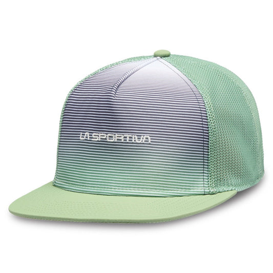 The La Sportiva Fade Trucker is a women's hat in mint green and white with horizontal stripes, a curved brim, breathable mesh panel, and the LA SPORTIVA logo on the front.