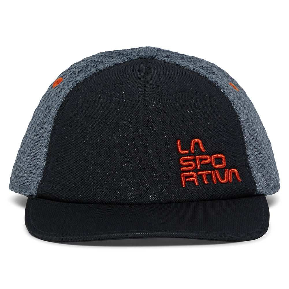 The La Sportiva Hive Cap is a black and gray breathable hat with 3D textured side panels and an orange embroidered LA SPORTIVA logo on the front left.