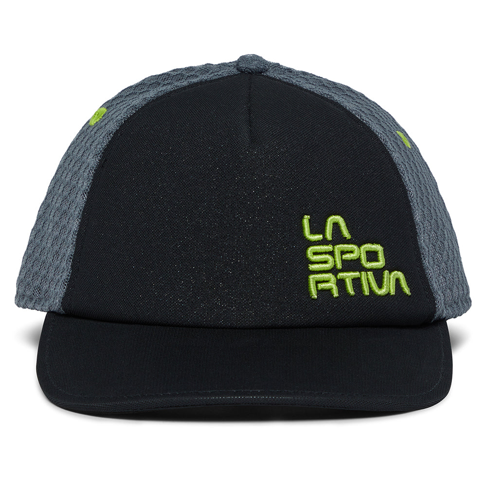 The La Sportiva Hive Cap is a black and gray baseball cap with yellow-green "LA SPORTIVA" embroidery on the front and textured gray 3D side panels for breathability and lightweight sun protection.